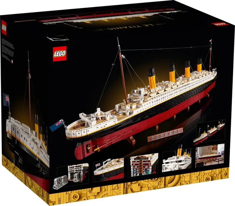 Back view of the LEGO Titanic 10294 box, showing various angles of the completed model and close-ups of its interior details and modular design.