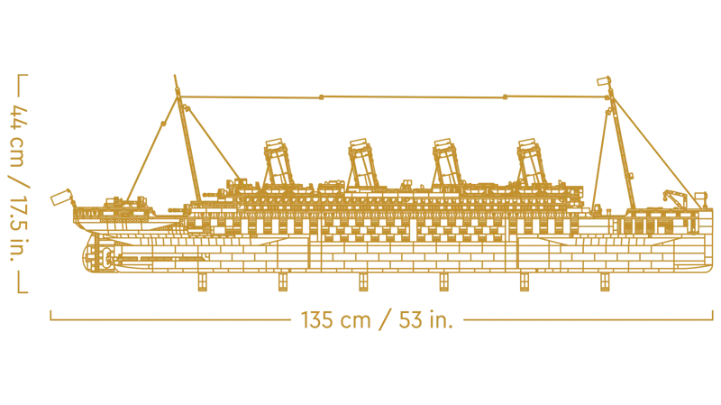 Diagram illustrating the dimensions of the LEGO Titanic model: 135 cm / 53 in. long and 44 cm / 17.5 in. high.