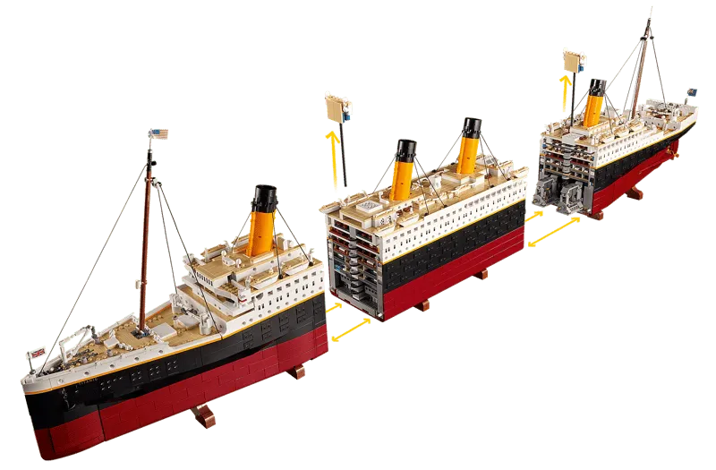 Exploded view of the LEGO Titanic model, separated into three distinct modular sections, revealing interior details and how they connect.