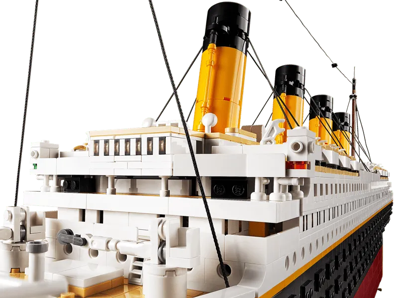Close-up of the LEGO Titanic's funnels and a section of the upper deck, showing intricate brick-built details and rigging.