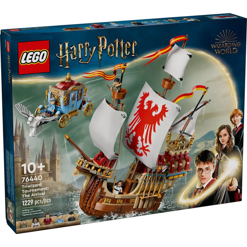 A LEGO box for set 76440 Triwizard Tournament: The Arrival, featuring the Durmstrang Ship and Beauxbatons Carriage in a magical setting.