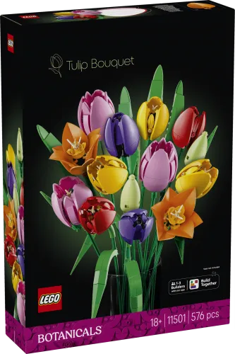 Front view of the LEGO Tulip Bouquet 11501 box, displaying a vibrant arrangement of colorful LEGO tulips against a dark background, with the LEGO Botanicals branding.