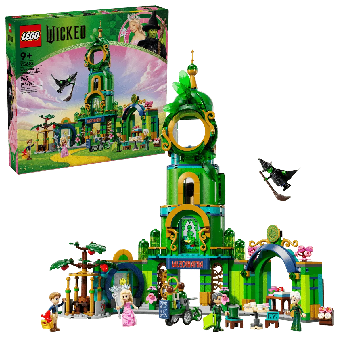 Front of the Lego Welcome to Emerald City 75684 box next to the fully assembled Lego set, featuring the majestic green Emerald City tower, various character minifigures, and Elphaba flying on her broomstick.