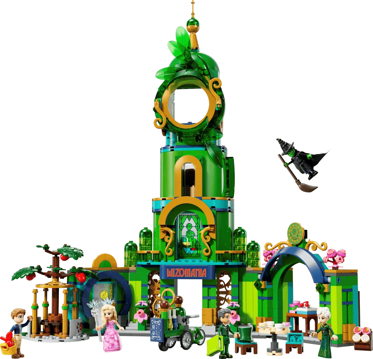 The fully assembled Lego Welcome to Emerald City 75684 set displayed against a clean white background, highlighting its towering green central structure, various archways, marketplace elements, and all included minifigures, including Elphaba flying.