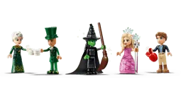 A lineup of five Lego minifigures from the Welcome to Emerald City 75684 set: Madame Morrible, a male character in a top hat, Elphaba, Glinda, and a boy character, all standing against a white background.