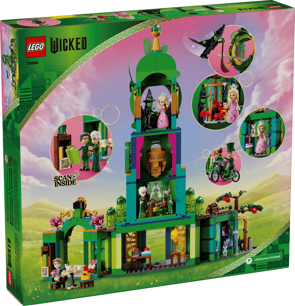 Back of the Lego Welcome to Emerald City 75684 box showcasing various play features, minifigures, and interior details of the green tower and surrounding buildings against a whimsical pink and green sky background.