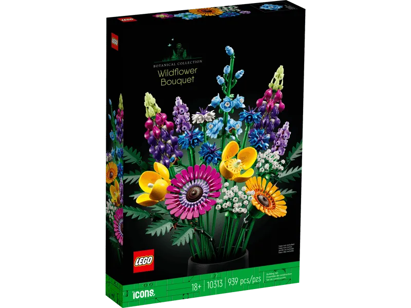 LEGO Botanical Collection Wildflower Bouquet (10313) set box, angled view showing a vibrant brick-built bouquet against a black background.