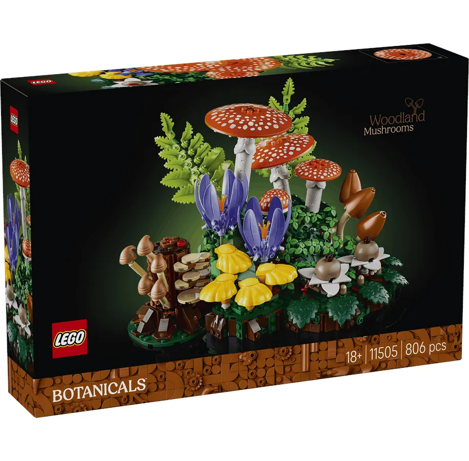 LEGO Woodland Mushrooms 11505 box art, showcasing a detailed mushroom and plant build against a dark background, part of the Botanicals line.