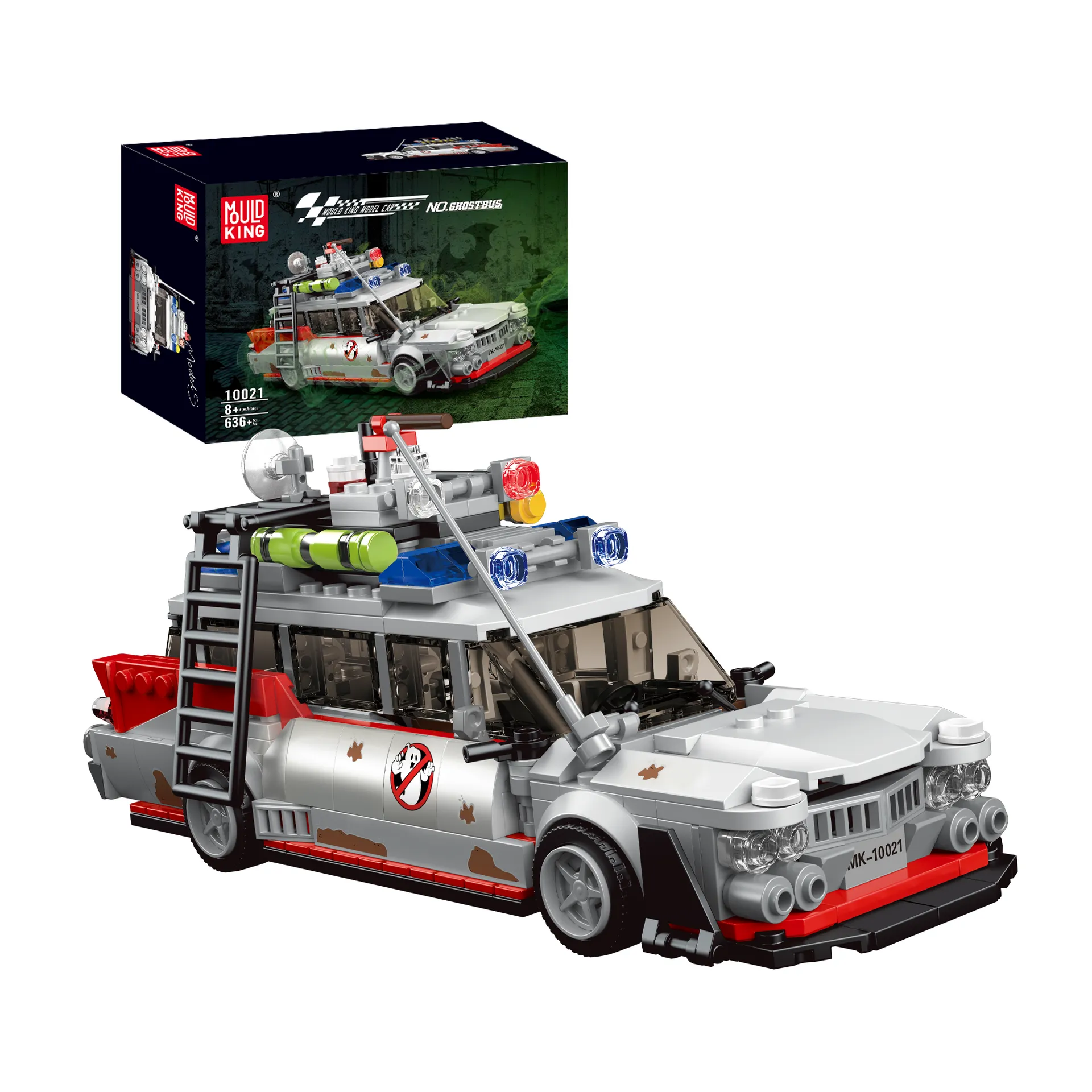 A studio shot of the Mould King Ghost Bus Model 10021 brick building set, featuring the completed Ecto-1 style vehicle with its detailed roof apparatus and the product box in the background, showcasing the model number 10021 and 636+ pieces.