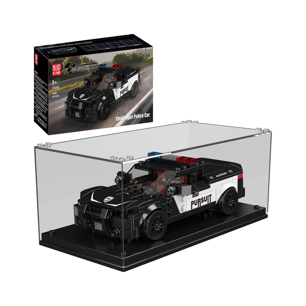 Mould King Challenger Police Car 27098 in display case with retail box.
