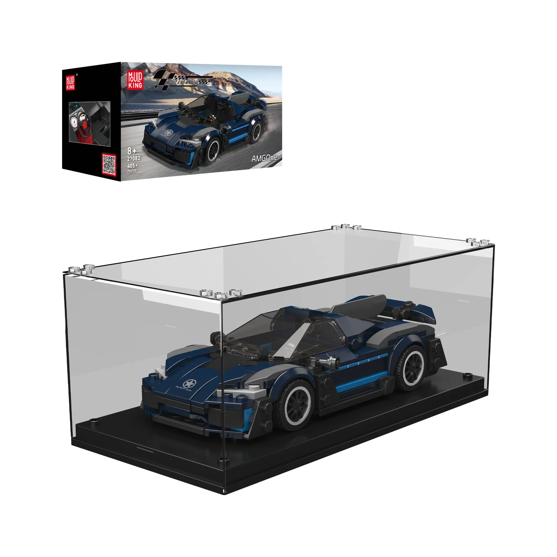 Mould King AMG One Supercar 27082 in display case with product box.