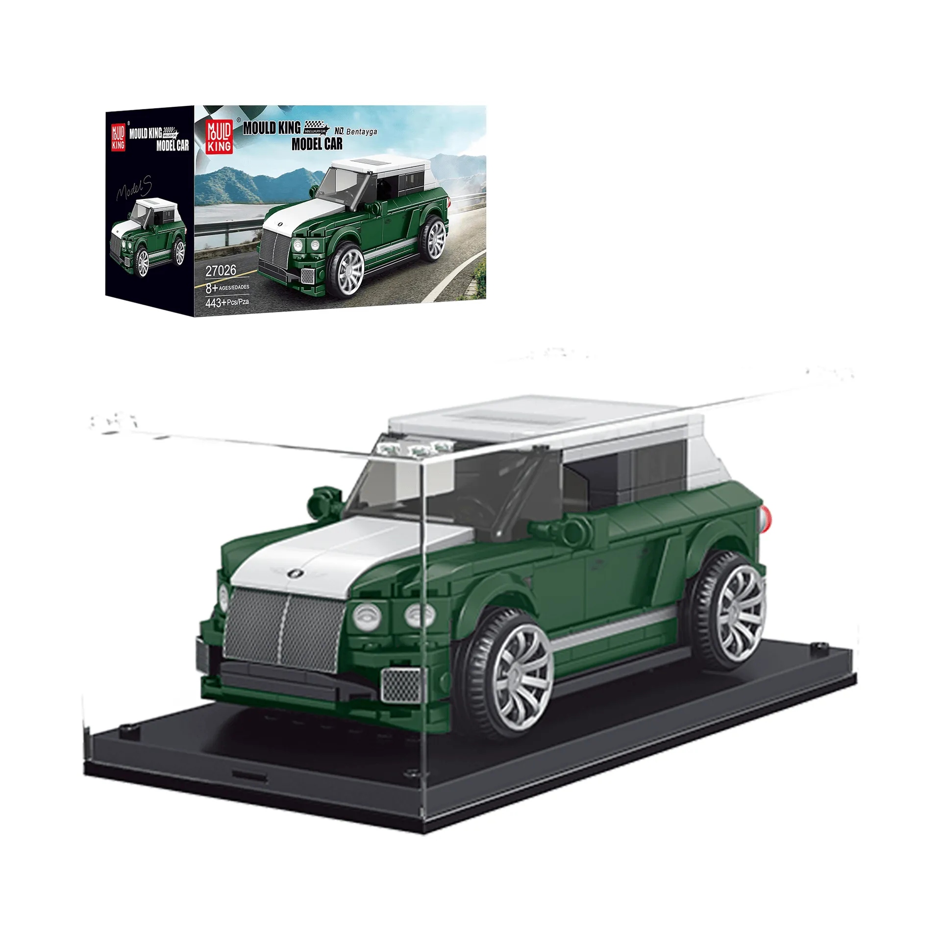 Mould King Bentayga Car Model Building Toy Set 27026 in green and white, displayed in a clear case with its product box.