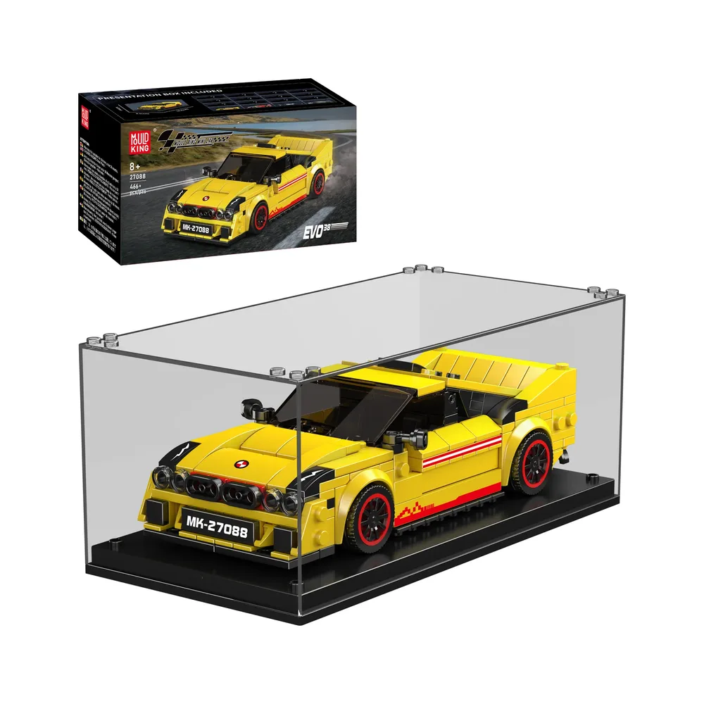Mould King EVO38 Rally Car Model 27088 in display case with its product box, showcasing its vibrant yellow color and red racing stripes.