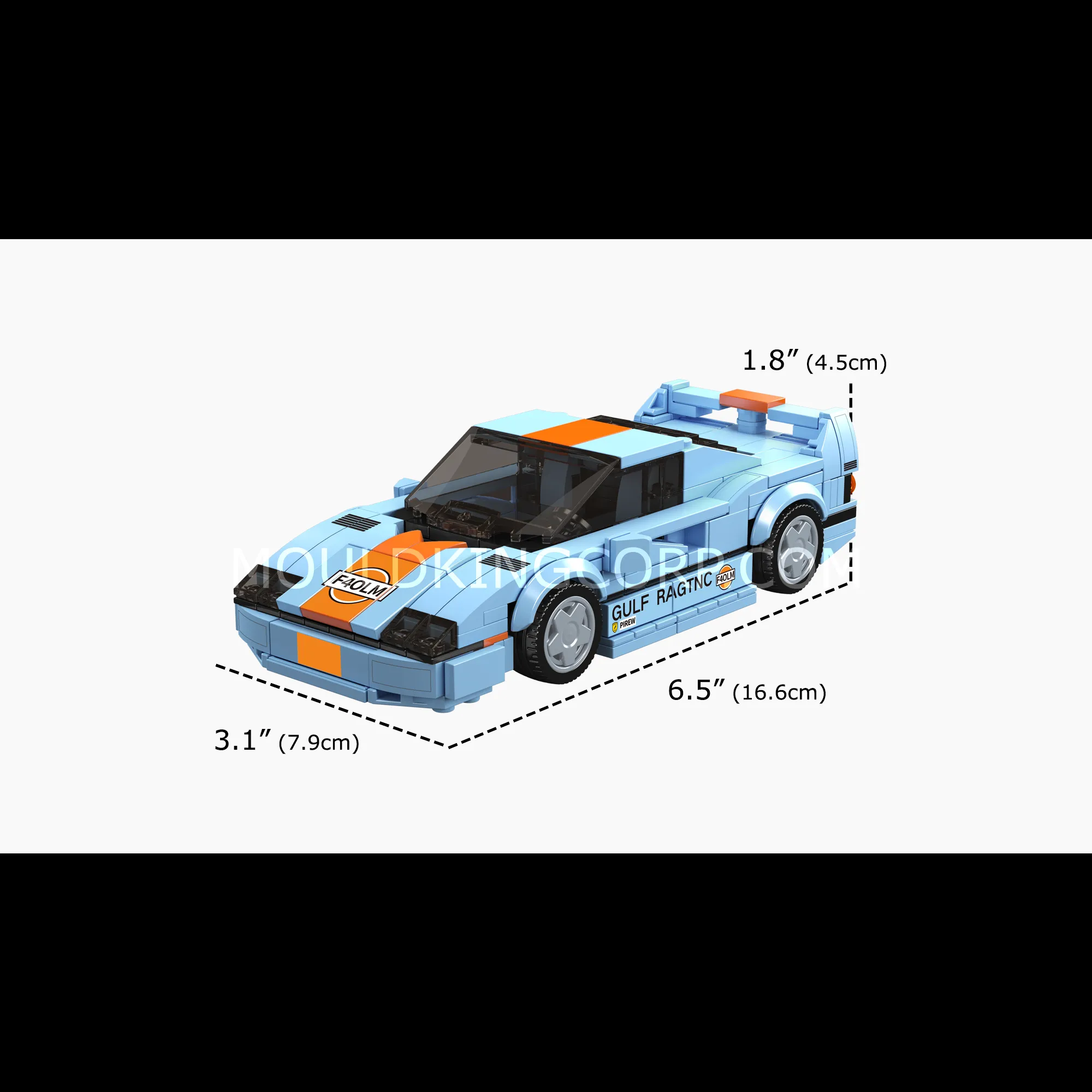Brick-built F40 LM model car in light blue and orange.