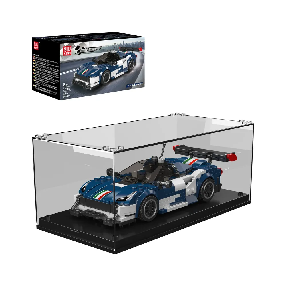 Mould King F488 GT3 Supercar Model 27086 displayed in an acrylic case with its retail packaging.