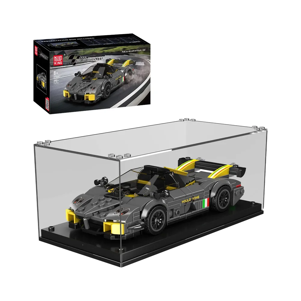 Supercar model in display case with box.