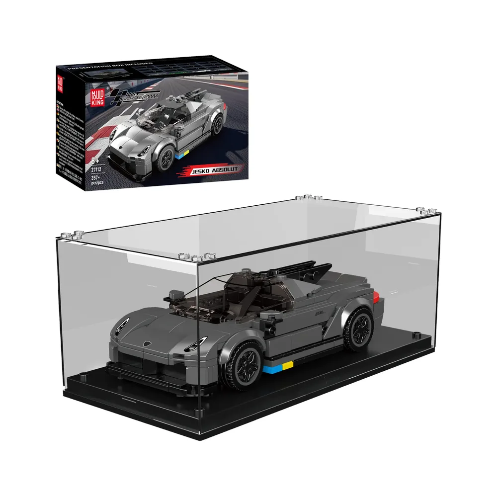 Mould King Jesko Absolut 27112 hypercar model with display case and original box on white background.