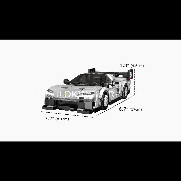 Side view of the Mould King KC23 Supercar 27120 block model, illustrating its detailed dimensions: 6.7 inches (17 cm) length, 3.2 inches (8.1 cm) width, and 1.8 inches (4.6 cm) height.