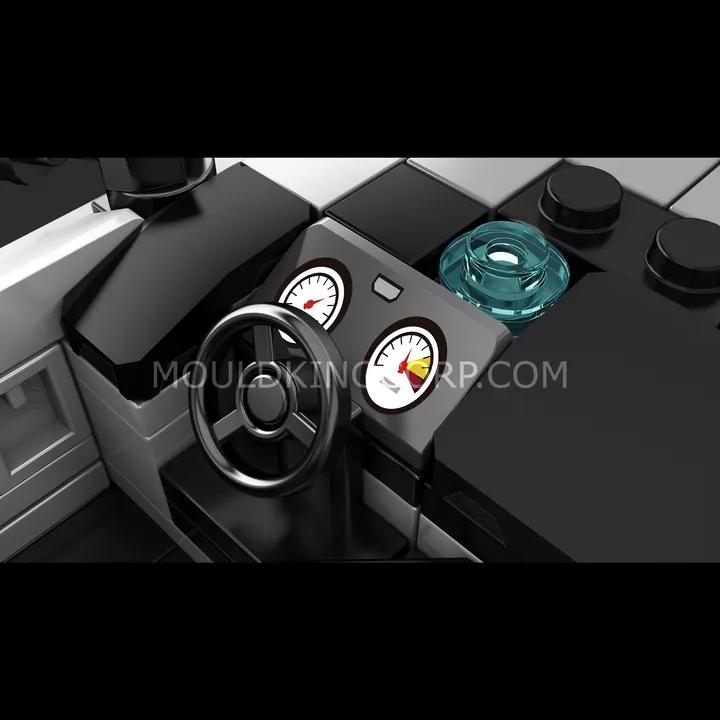 Close-up interior view of the Mould King KC23 Supercar block model, highlighting the detailed steering wheel, dashboard with printed gauges, and a transparent light blue gear shifter.