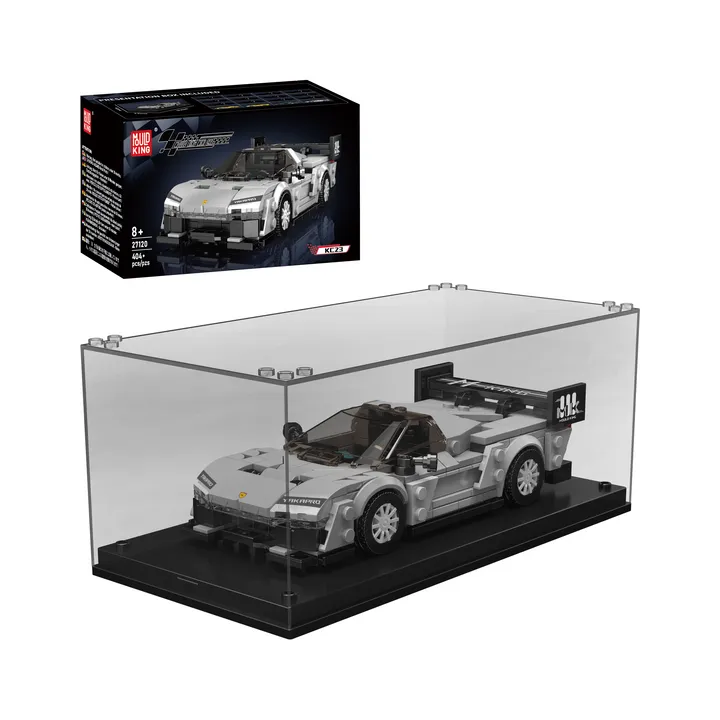 The Mould King KC23 Supercar 27120 block model displayed inside a clear acrylic display case, with its original retail packaging box showing the product details next to it.