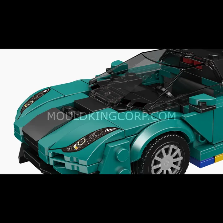 Close-up front-quarter view of the Mould King Regera brick car, emphasizing the detailed headlights and hood design.