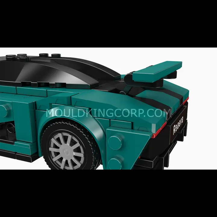 Close-up rear-quarter view of the Mould King Regera brick model, featuring the distinctive rear spoiler and taillight design.