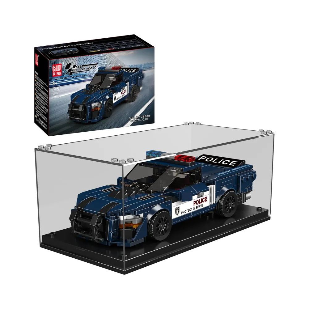 A Mould King Shelby GT500 Police Car 27090 building block set, complete with its presentation box and displayed inside a clear acrylic case on a white background. The police car model is dark blue with white and black accents, red and blue emergency lights, and "POLICE PROTECT & SERVE" decals on the side.