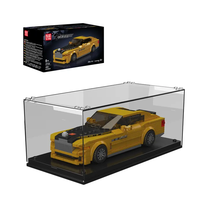 Mould King Spectre Electric Luxury Coupe 27136 display set with box, featuring a yellow and black brick-built car in a clear acrylic case.
