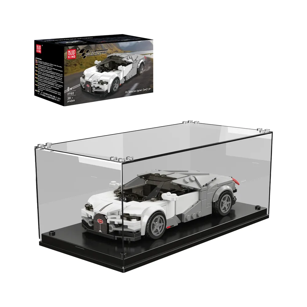 Mould King Tourbillon Hybrid Sports Car 27102 displayed in a clear case next to its product box.