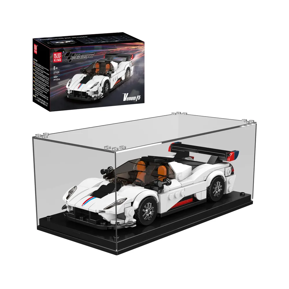 Mould King Venom F5 Supercar 27109 model in a clear display case with its product box in the background.